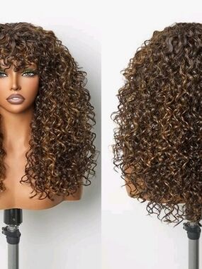 Brown Curly Synthetic Wig with Honey Highlights - Women Hair FRODIO WIG